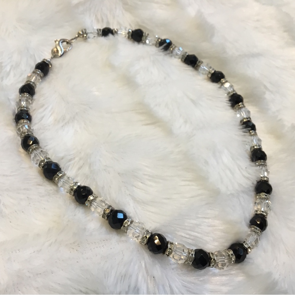 925 Silver Faceted Glass Crystal Beaded Necklace Rhinestone Accents 16” Vintage